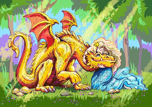 Cuento de hadas. abrazos princesa feliz y encantado dragón amarillo — Vector de stock