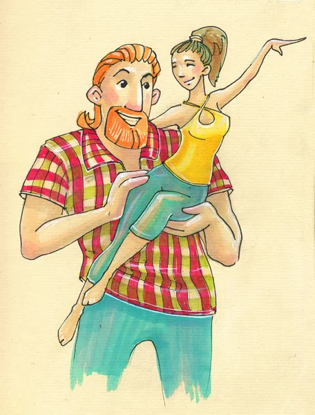 Ilustração em estilo cartoon. grande homem forte e sua pequena mulher frágil — Fotografia de Stock