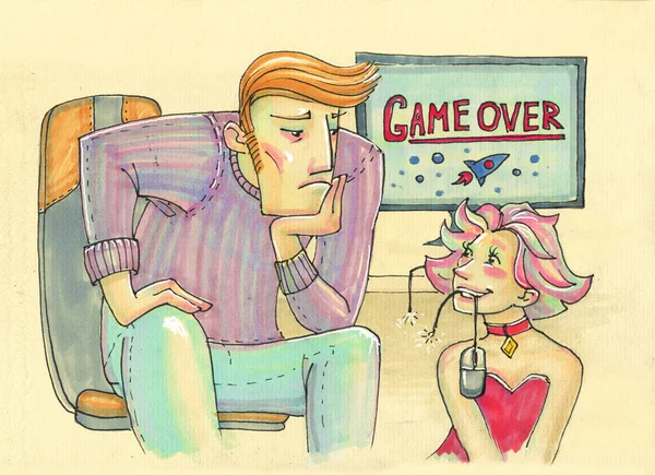 ●漫画風のイラスト。大きな強い男と彼の小さな女性。ギャンブル依存症。ゲームは終わりました. — ストック写真
