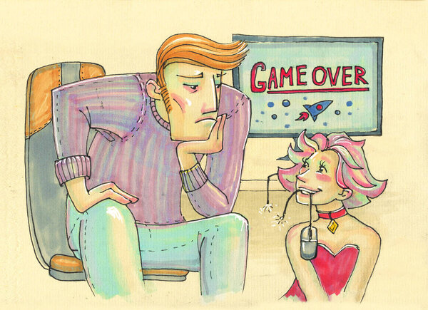 Illustration in cartoon style. big strong man and his little woman. gambling addiction. Game over.