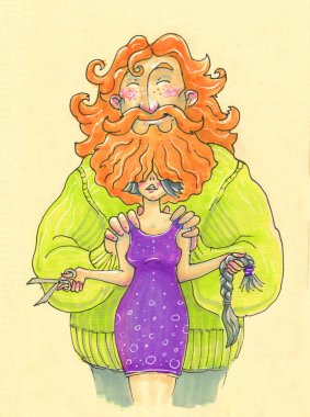 Karikatür tarzında İllüstrasyon. büyük sakallı adam ve saç kesmek kadın