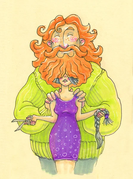 Ілюстрація в мультяшному стилі. великий бородатий чоловік і жінка, які відрізали волосся — стокове фото