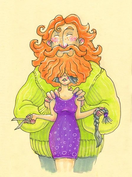 Illustration in cartoon style. big bearded man and woman who cut off hair