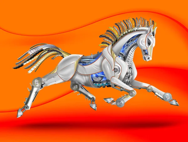 由金属和塑料制成的马。机械飞驰。橙色背景 — 图库照片
