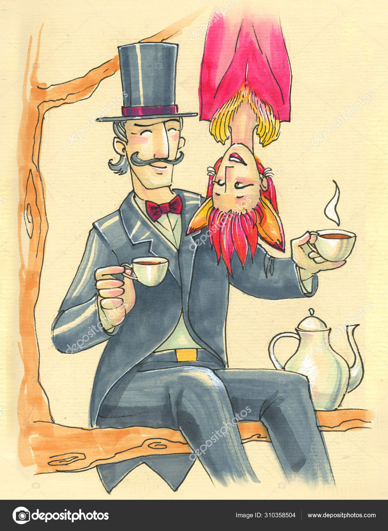 Illustration in cartoon style. crazy couple in carnival costumes drinks tea  on a tree. tomfoolery Stock Photo by ©Solomandra 310358504