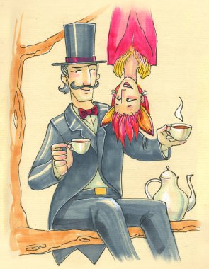 Karikatür tarzında İllüstrasyon. karnaval kostümleri deli çift bir ağaç üzerinde çay içecekler. Maskaralık