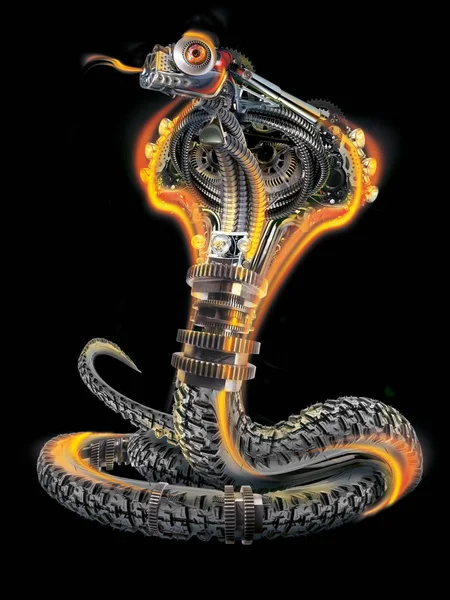Siyah cyberpunk, metal ve kauçuk mekanik yılan - yangın kobra — Stok fotoğraf
