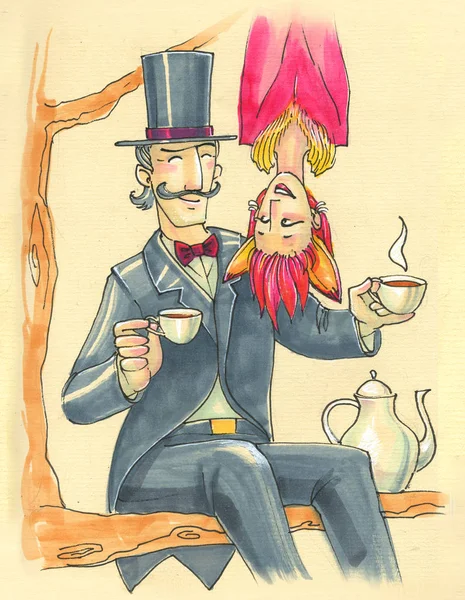 Illustration in cartoon style. crazy couple in carnival costumes drinks tea on a tree. tomfoolery — Stock Photo, Image