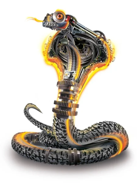 로봇 코브라. 사이버 펑크, 금속, 화재, 고무 기계 뱀 — 스톡 사진