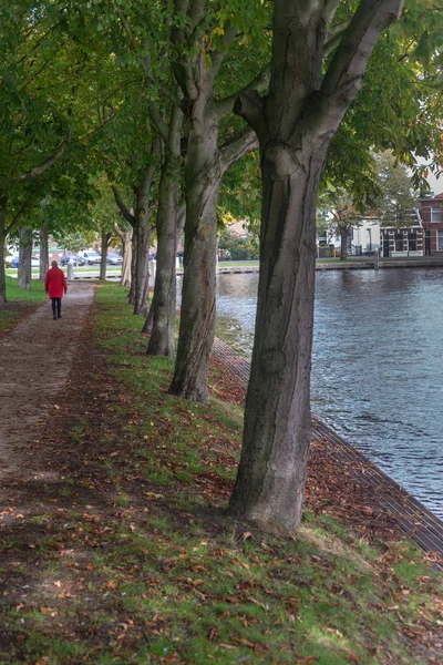 Woodward Chestnuts Next Canal Woman Figure Red Coat — Stock Photo, Image