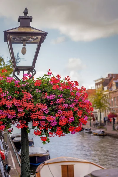 Lamppost y decoración de flores en la calle del canal de Leiden, Ne —  Fotos de Stock