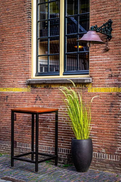Lamp, table window and green plant in the flowerpot with the brick wall in the background