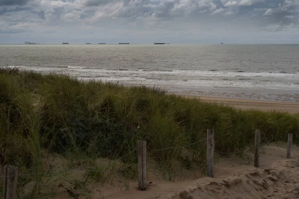 Duinen Aan Het Katwijkse Strand Nederland Met Cruisers Tankers Aan — Stockfoto