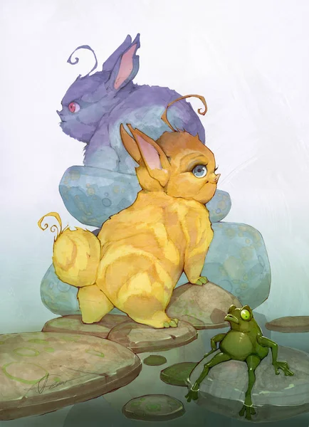 Hand drawn cartoon anime illustration of a cute fantasy baby animals looking like bunnies and a green frog sitting on a stone