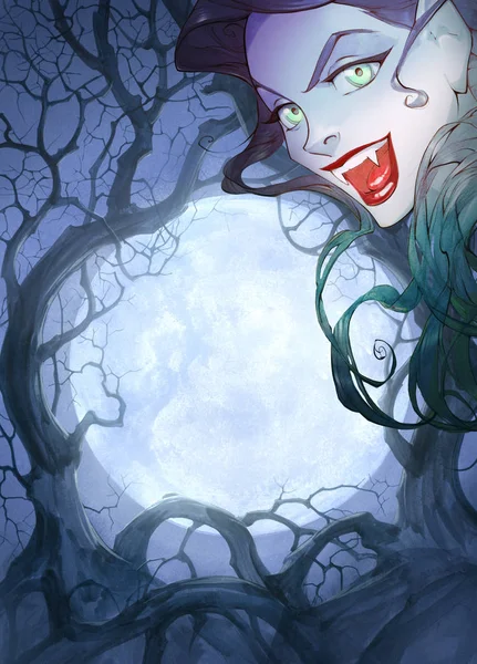 Cartoon anime Halloween illustration of a beautiful charming vampire woman with red lips, sharp teeth, gorgeous black hair and shiny green magic eyes smiling