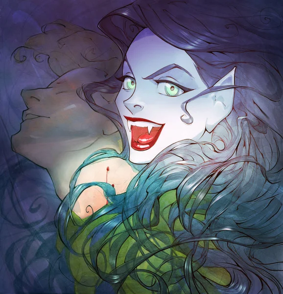 Cartoon anime Halloween illustration of a beautiful charming vampire woman with red lips, sharp teeth, gorgeous black hair and shiny green magic eyes smiling