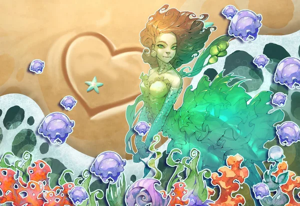 Mermaid, fish, seaweed, starfish and jellyfish drawings in a cartoon cute style
