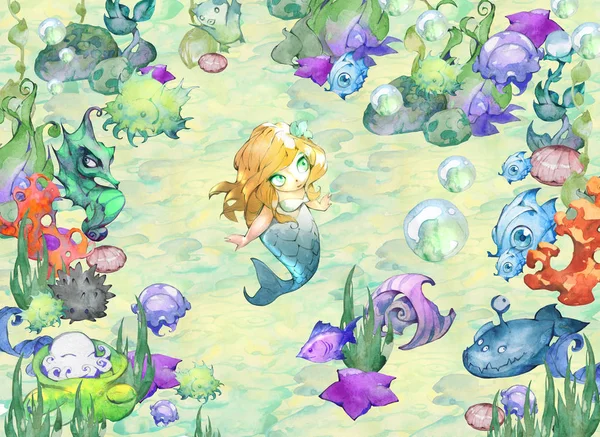 Mermaid, fish, seaweed, starfish and jellyfish drawings in a cartoon cute style
