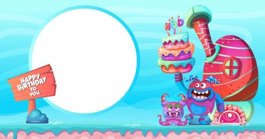 Sevimli canavar ile Doğum günü davetiye kartı - Vektör