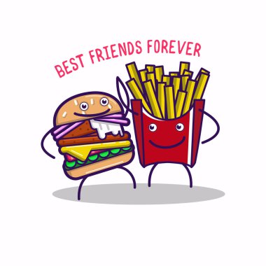 Komik fastfood karakterleri Best Friends Forever. Neşeli gıda emoji hamburger ve patates kızartması. Karikatür vektör illüstrasyon - Vektör