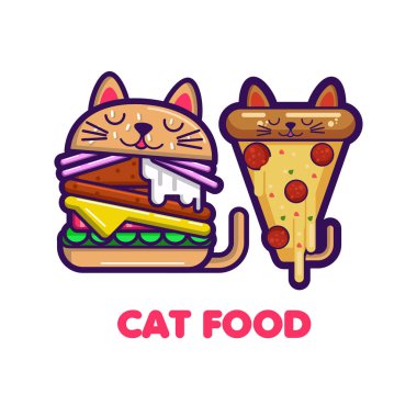 kedi kulakları ile bir kawaii komik pizza dilimi ve burger vektör illüstrasyon. Beyaz arka planda yalıtılmış nesneler. Çizgi çizimi. Kedi kafe menüsü için tasarım konsepti, çocuklar baskı. - Vektör