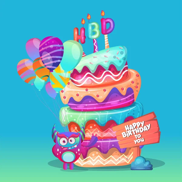 彩色背景与可爱的怪物和五颜六色的蛋糕 矢量插图 — 图库矢量图片