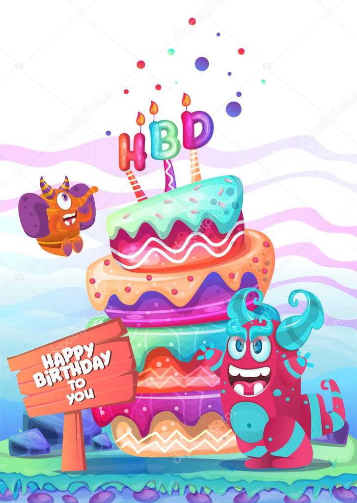Colored background with cute monster and ornaments for birthday party. Vector illustration - Vector