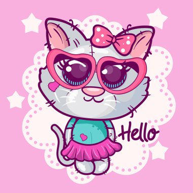 Pembe arka planda Sevimli Karikatür kedi yavrusu - Vektör