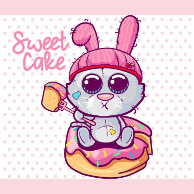 Tatlı bir pasta ile Sevimli Karikatür Kitten - Vektör