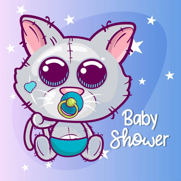 Baby Shower Greeting Card with cute Cartoon cat - Vector - Stok Vektor