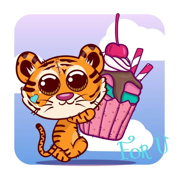 Χαριτωμένο τίγρη κινουμένων σχεδίων με γλυκό κέικ. διάνυσμα — Διανυσματικό Αρχείο