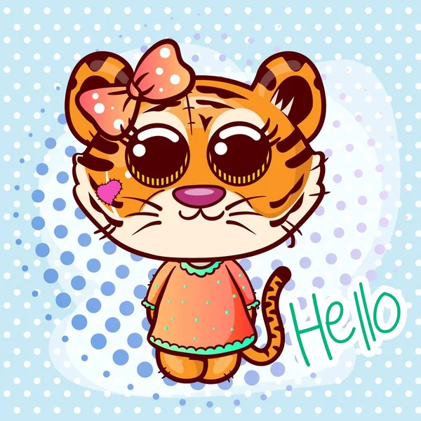 Blahopřání k narození dítěte s rozkošné kreslené tygří děvče-vektor — Stockový vektor