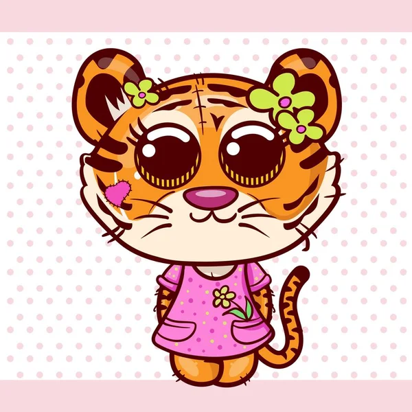 Cartão de saudação do chuveiro do bebê com bonito Cartoon Tiger menina - Vector — Vetor de Stock