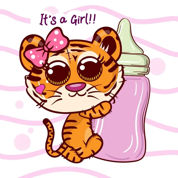 Βρεφικό ντους ευχετήρια κάρτα με χαριτωμένο καρτούν κορίτσι τίγρη-διάνυσμα — Διανυσματικό Αρχείο