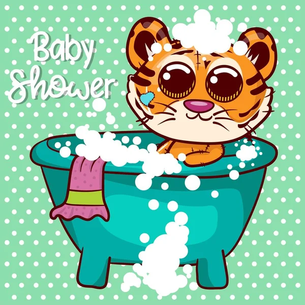 Baby Dusche Grußkarte mit niedlichen Karikatur Tiger Junge - Vektor — Stockvektor