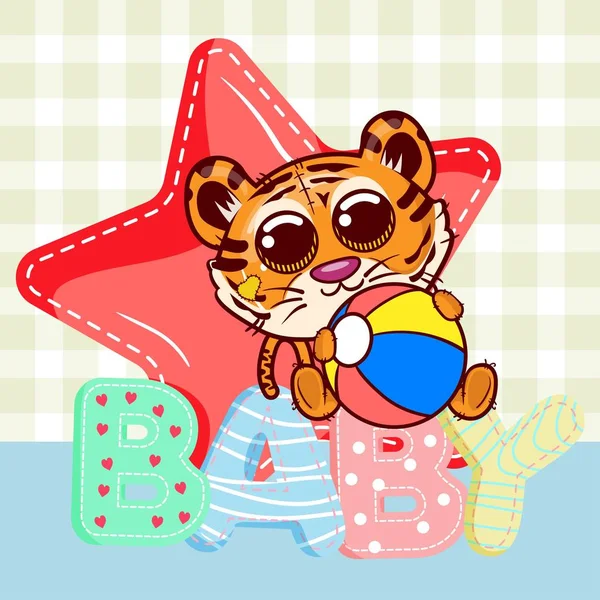 Baby-Dusche-Grußkarte mit niedlichem Tiger-Cartoon - Vektor — Stockvektor