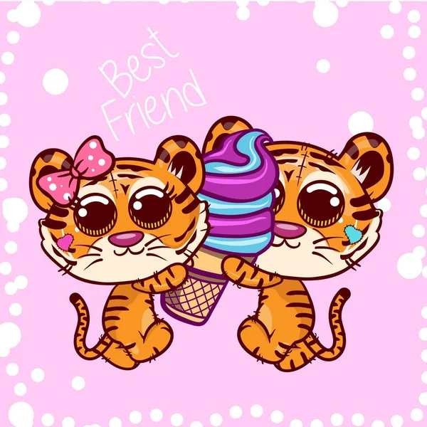 Tigres lindos dibujos animados con helado dulce. vector — Vector de stock