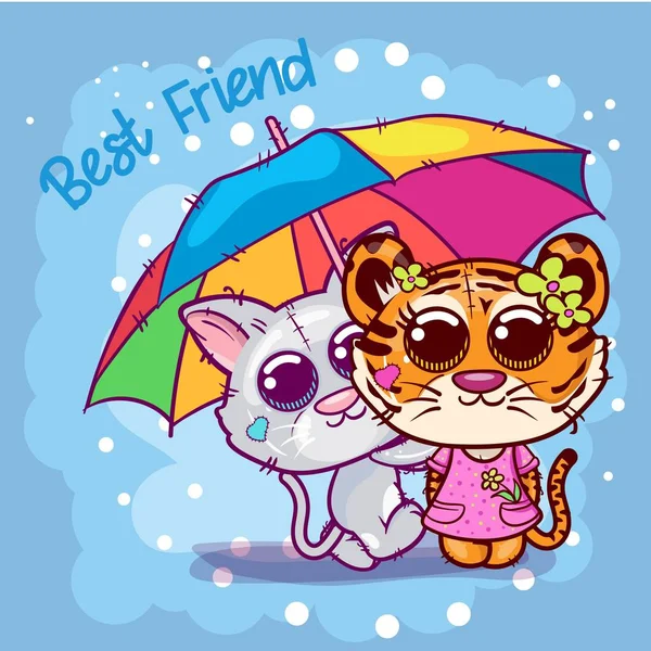 Baby Shower greeting card dengan kartun harimau dan kucing - Vector - Stok Vektor