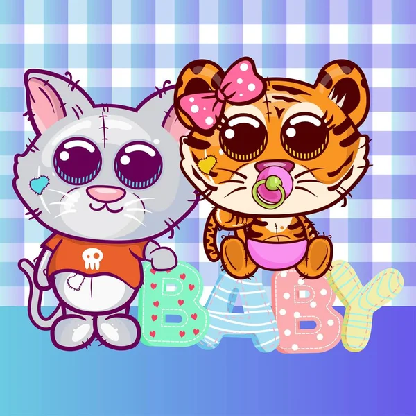 Carte de vœux Baby Shower avec tigre mignon et dessin animé chat - Vector — Image vectorielle