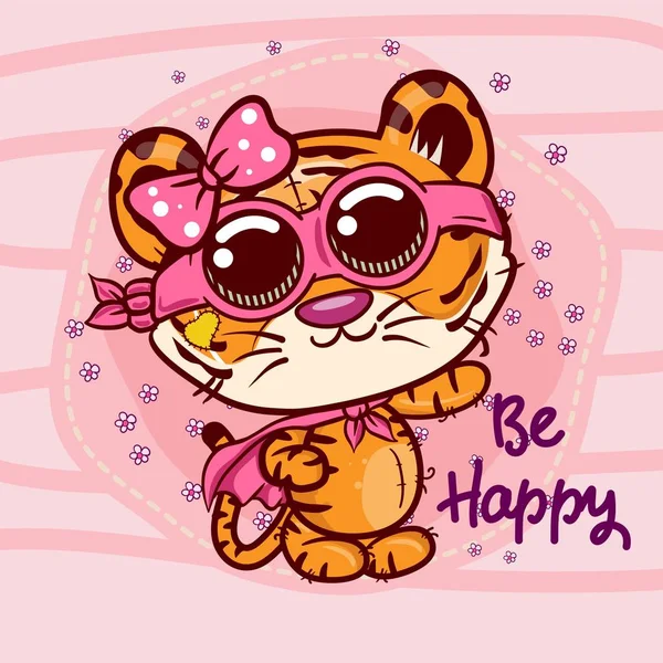 Cartão de saudação do chuveiro do bebê com bonito Cartoon Tiger menina - Vector — Vetor de Stock