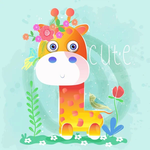 Niedliche Baby-Giraffe mit Blumen und Vögeln. Vektor — Stockvektor