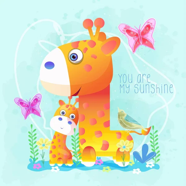 Mother and baby giraffe cute cartoon. vector — Stock Vector