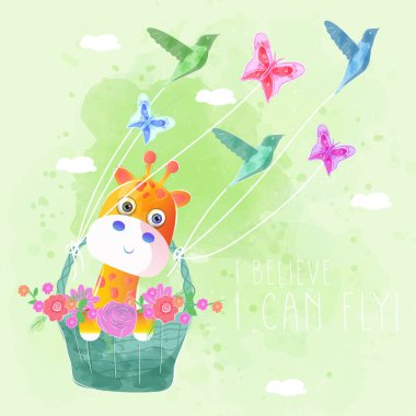 kelebekler ve kuşlar ile uçan zürafa.