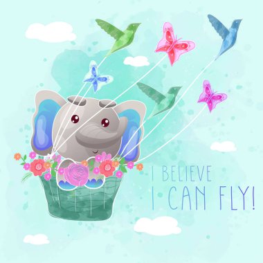 bahar sepeti ile uçan sevimli bebek fil