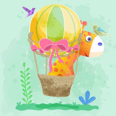 hava balonu ile uçan sevimli zürafa.