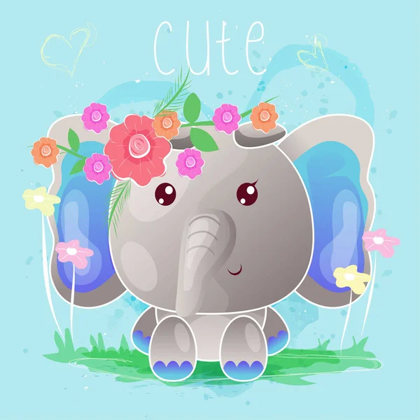 Niedlichen Baby-Elefant und Blumen mit blauem Hintergrund. Vektor — Stockvektor