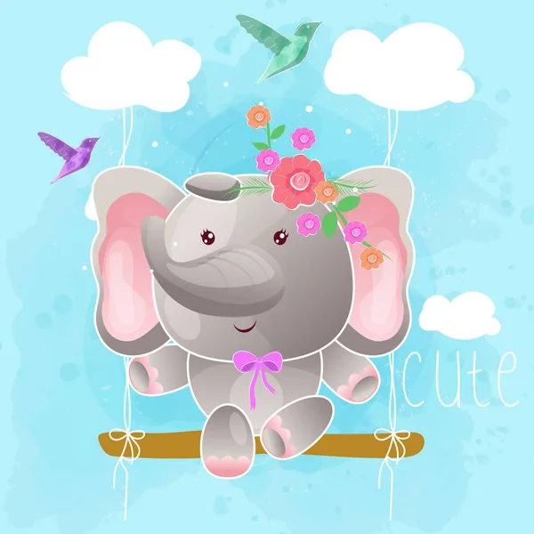 Cute elephant on the swing. vector — Stock Vector