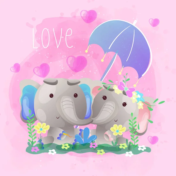 Couple elephants under an umbrella — Stock Vector