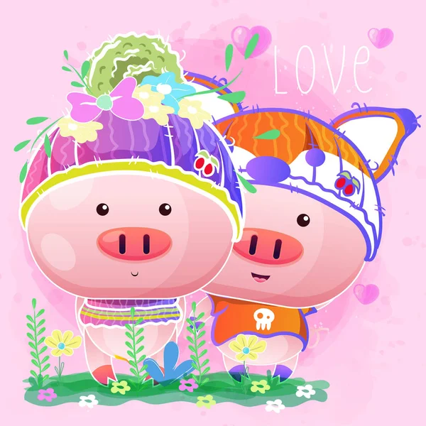 Cute happy couple baby pig cartoon. — Stock Vector