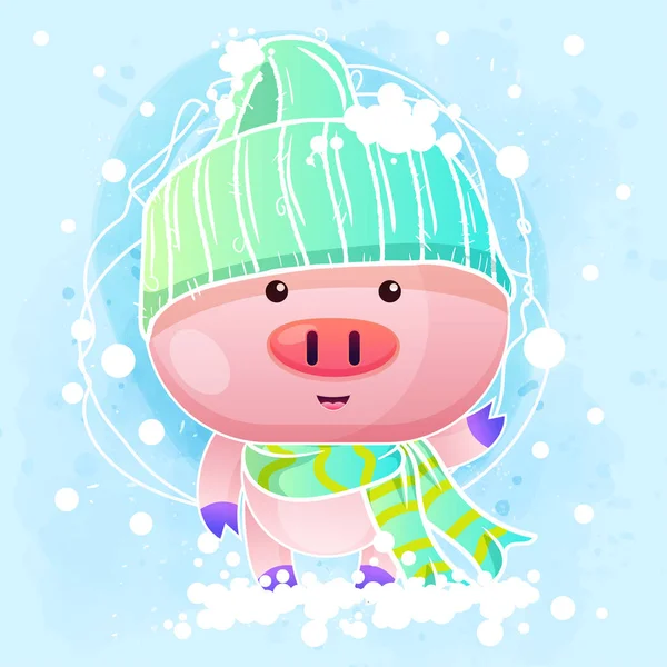 Niedliches Babyschwein mit Schnee auf blauem Hintergrund. — Stockvektor